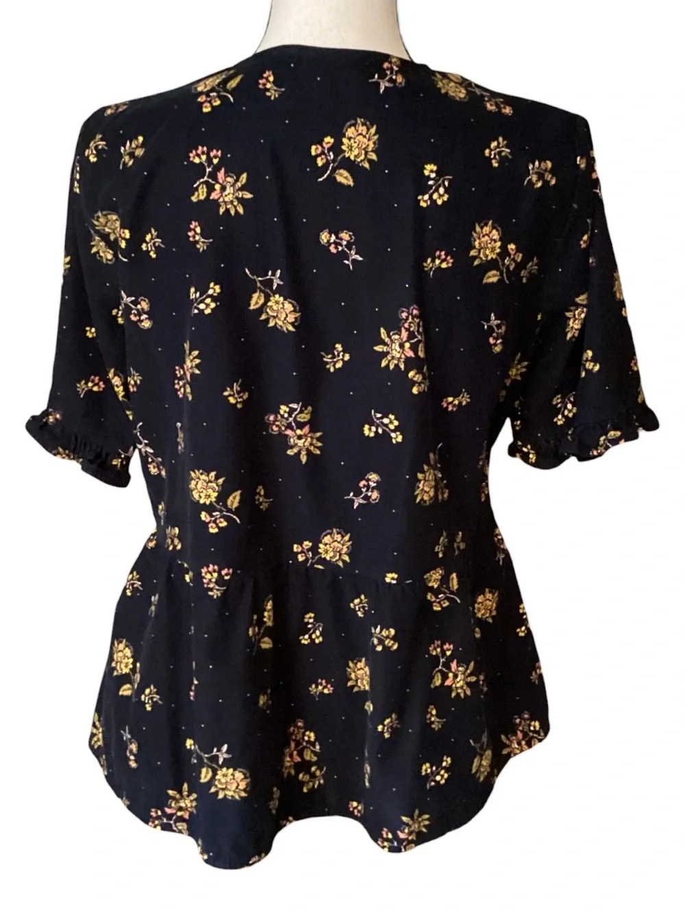 Madewell Black Floral Smocked V-Neck Peplum Top
